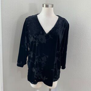 J Jill Wearever Womens XL Black Floral Burnout Velvet Tunic Top 3/4‎ Sleeve